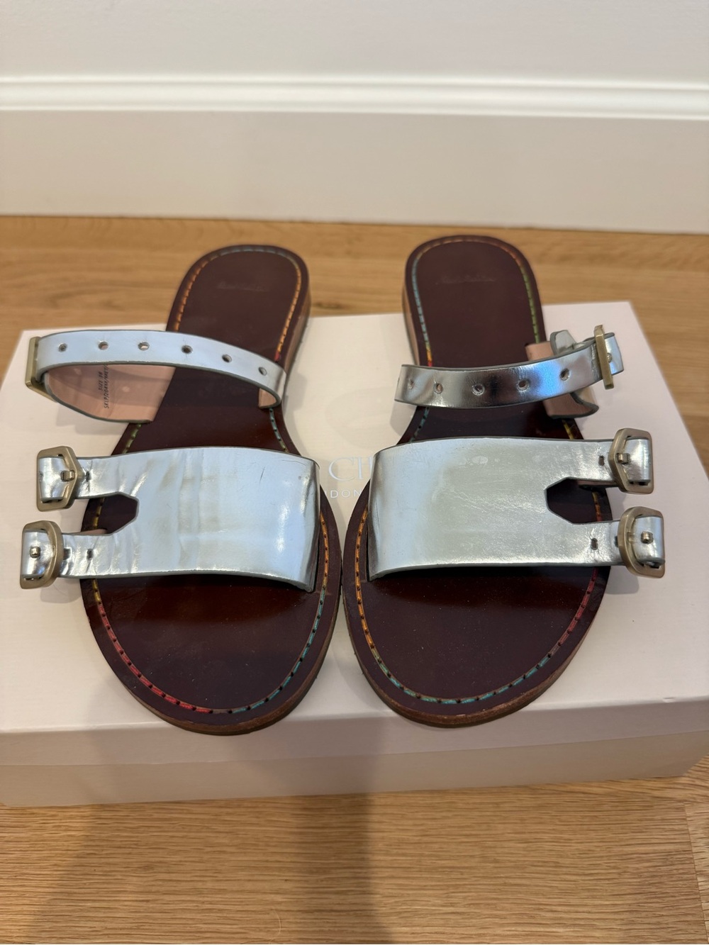 Paul Smith Silver Leather Flat Sandals with Rainbow Stitch | SIZE 6